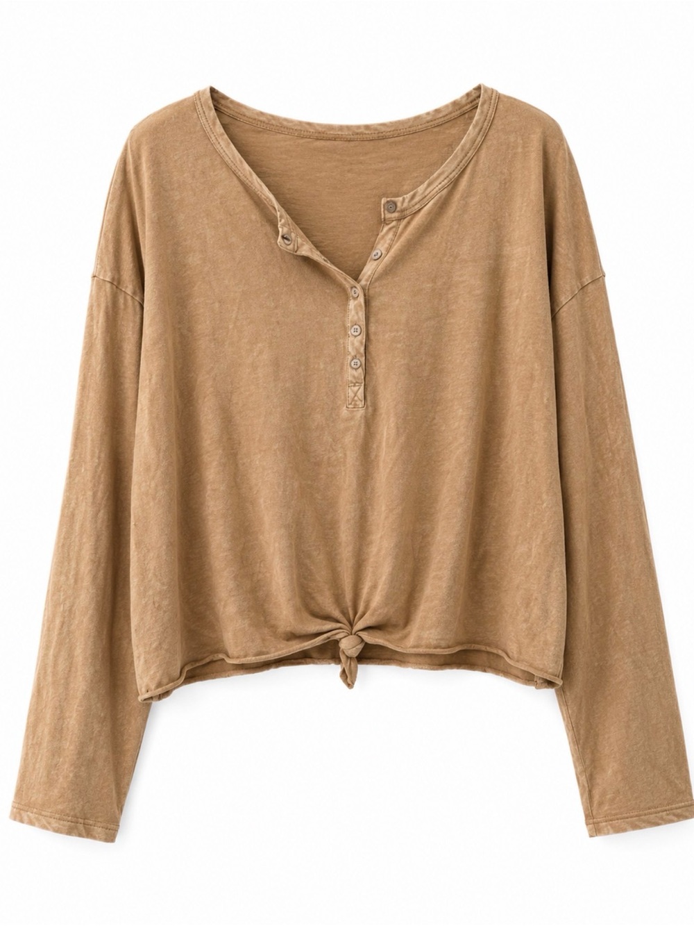 Women’s Aerie size M Long-Sleeve Distressed Neck Henley Tie-Front Top - Camel